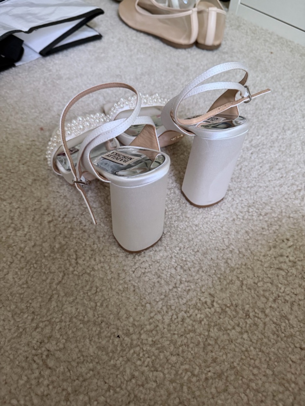 Badgley Mischka White Pearl-Strap Block Heel Sandals